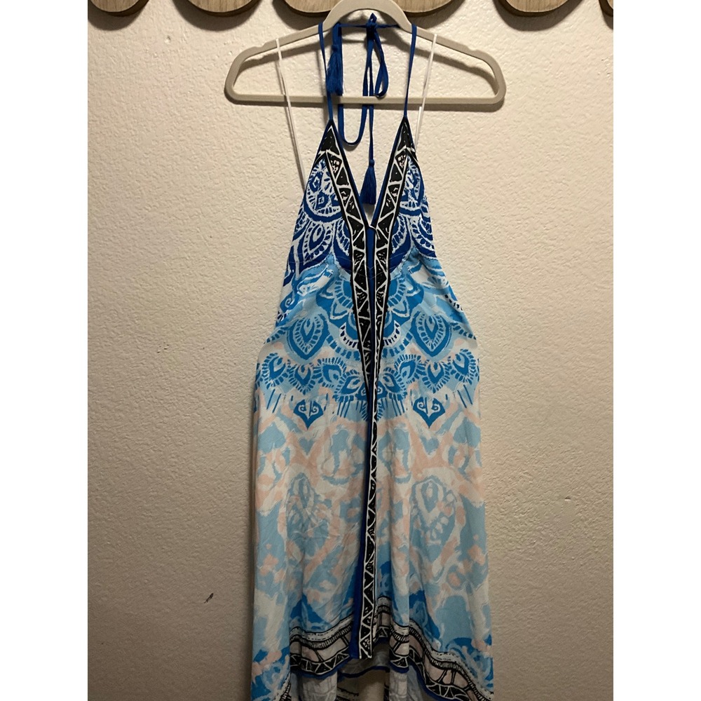 Let Them Eat Cake Blue Mandala Print One Shoulder Handkerchief Hem Dress Large